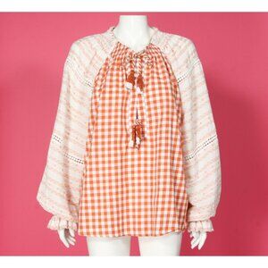 DODO BAR OR Cream Red Gingham Tassel Tie Peasant Top Balloon Sleeve Sz S /987